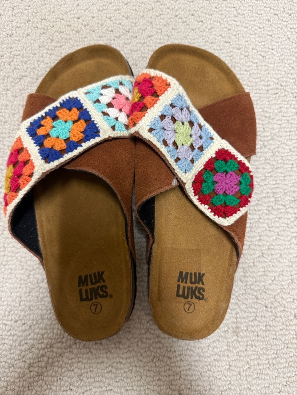 Muk Luks Brown Suede Slide Sandals with Multicolor Crochet Accents
